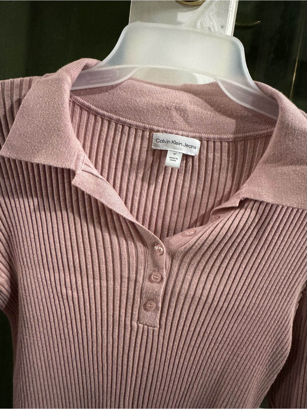Calvin Klein Jeans Ribbed Pink Polo Long-Sleeve Top - Picture 2 of 2